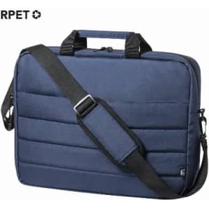 A navy blue laptop bag with handles and a detachable shoulder strap, featuring a logo on the top left.
