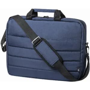 A navy blue laptop bag with a padded exterior, top handles, and an adjustable shoulder strap. It features a logo.