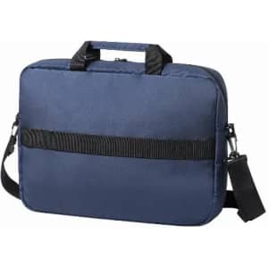 A navy blue laptop bag with dual handles and a detachable shoulder strap. It features a textured band for added grip.