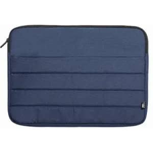 A navy blue laptop sleeve with a padded texture and zip closure, featuring a simple design.