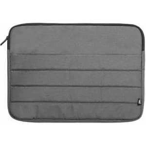 A grey laptop sleeve with a zip closure and quilted design. It features a subtle logo on one corner.