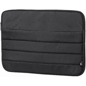 A black laptop sleeve with a padded, textured exterior and a zip closure, featuring a logo.