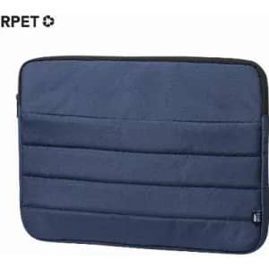A navy laptop sleeve featuring a padded design, with a black zip around the edge and a logo on the top left.