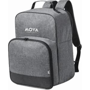 A grey backpack featuring a simple design and a logo on the front, with adjustable straps.