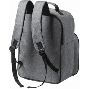 A grey backpack with padded straps and a simple design, featuring side pockets.