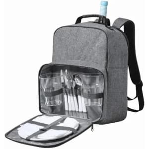 A grey backpack with a compartment holding cutlery, glasses, and plates, along with a drink bottle on top.