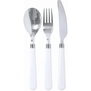 A set of stainless steel cutlery including a spoon, fork, and knife with white handles.