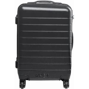 A black travel suitcase with a textured surface and a logo, featuring four wheels for easy mobility.