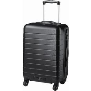 A black hard-shell suitcase with a retractable handle and four wheels for easy mobility.