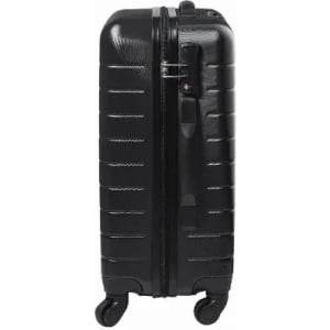 A black luggage suitcase with a textured finish, featuring a lock and four wheels for easy mobility.