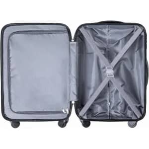 A black suitcase with a grey interior, featuring an open design and cross straps for securing items.