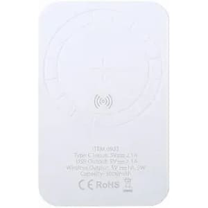 A wireless power bank in white, featuring a circular charging area and a minimalist design.