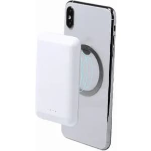 A white portable charger magnetically attached to a smartphone, with a sleek, reflective back.
