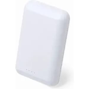 A portable power bank in white with an indicator light and a sleek, minimalist design.