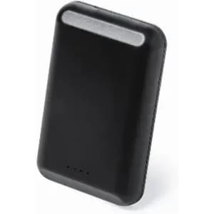 A portable power bank in black, featuring a sleek design with a metallic top edge and indicator lights.