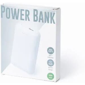 A power bank in a white box, featuring Type-C connection and specifications on the side.
