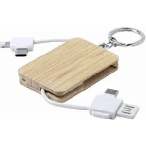 A keychain with a bamboo casing, featuring built-in cables for USB Type-C and Micro USB connections.