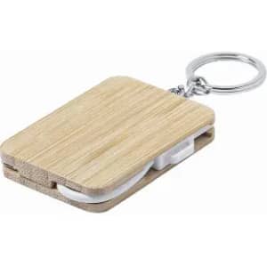 A keychain featuring a wooden design with a minimalist shape and white accents. It includes a metal keyring.