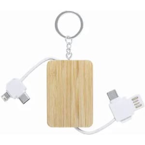 A bamboo keychain with an attached white charging cable featuring USB and Micro USB connectors.