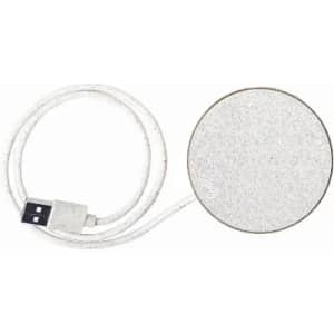 A grey wireless charging pad with a USB cable attached, featuring a simple and sleek design.