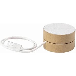 A round, two-layer charging station in brown and white with a connected white USB cable. Features a minimalistic design.