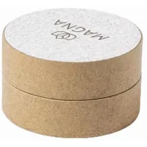 A circular, two-tiered container in a natural tone, featuring a light-coloured lid with a logo.