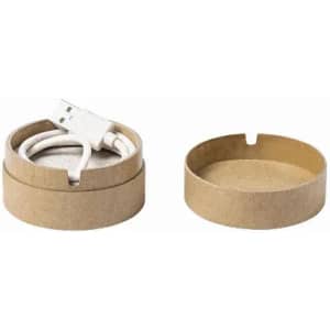 A round, eco-friendly storage box made of kraft paper, containing a white USB cable and a separate lid.