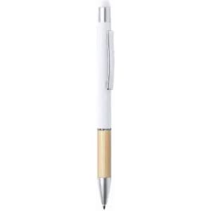 A pen with a white barrel and a bamboo-style lower section featuring a silver clip.
