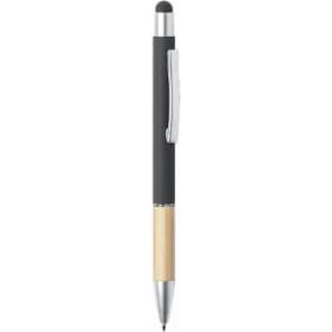 A black and gold pen featuring a clip and stylus tip, alongside a shiny silver accent.