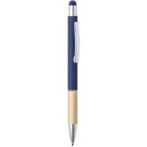 A pen with a navy blue barrel and a bamboo lower section, featuring a silver clip and stylus tip.