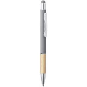 A grey and wooden stylus pen with a sleek silver clip and tip.