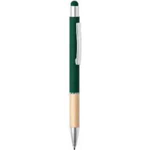 A green and wooden pen with a silver clip and a stylus tip. The pen features a sleek design.