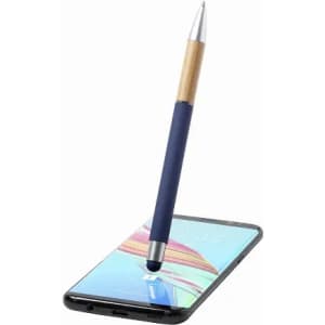 A stylus pen with a wooden accent balances on top of a black smartphone, showcasing its sleek design.