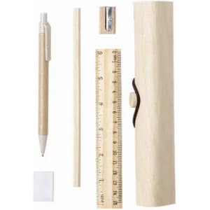 A wooden stationery set featuring a pencil, pen, ruler, sharpener, and eraser, all in a cylindrical case.