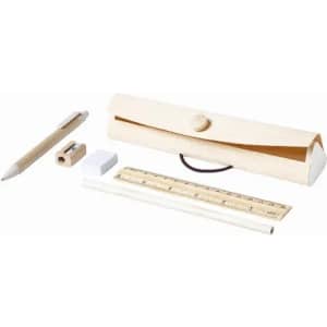 A stationery set featuring a wooden pencil case, pencil, sharpener, eraser, and ruler in natural tones.