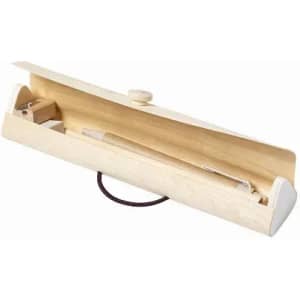 A wooden pencil case in a light wood finish, containing a pencil and sharpener, with a closure mechanism.