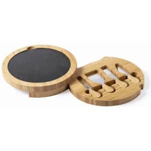 A bamboo cheese board set featuring a slate section and four cheese utensils stored in a chic holder.