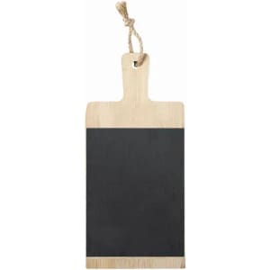 A wooden serving board with a chalkboard surface and a hanging rope. The top is light wood and the bottom is black.