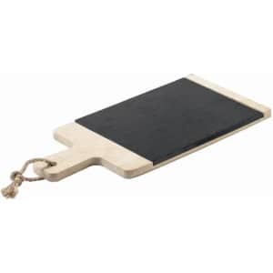 A rectangular chopping board with a light wooden handle and a dark black surface, featuring a rope for hanging.