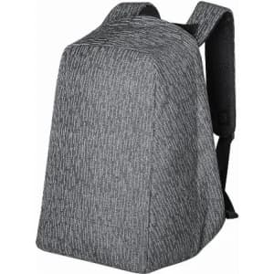 A backpack in a textured grey fabric, featuring a structured design and adjustable straps. It includes a branding logo.