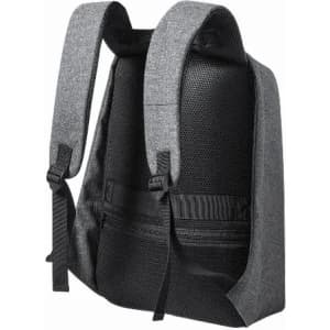 A backpack with grey fabric, featuring mesh-lined shoulder straps and a streamlined design.