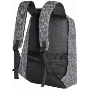 A backpack featuring a grey and black design with padded straps and a textured surface. It has multiple compartments.