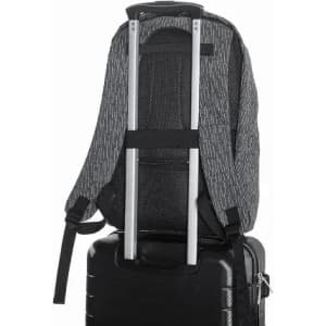 A grey backpack with a mesh back, resting on a black suitcase, featuring a retractable handle.