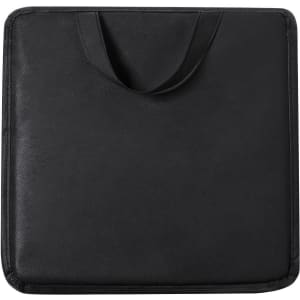 A black promotional product with a handle, featuring a textured surface and a square shape. It has a logo.