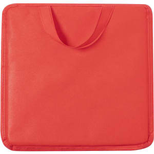 A square, red promotional product with a handle, featuring a textured surface. It has a logo on one side.