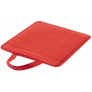 A red protective square mat with a handle, designed for easy carrying and use.