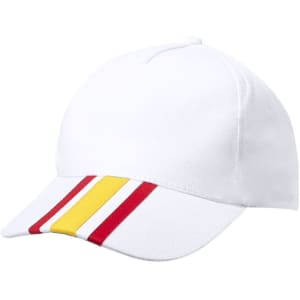 A cap in white with red, yellow, and red stripes across the front. It features a curved brim and a logo.