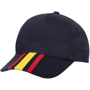 A baseball cap in navy blue with red, yellow, and black stripes on the front. It features a logo on the side.