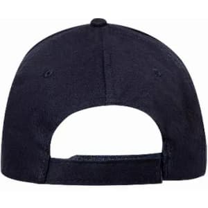 A navy blue cap with an adjustable strap at the back and a rounded crown. It features a logo on the fabric.