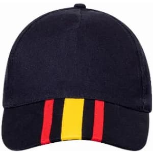 A navy cap featuring yellow, red, and black stripes on the brim. It has a structured design and a logo on the front.